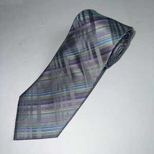 Robert Graham Mens Neck Tie 100% Silk 58"‎ x 3.5"  Purple/Gray Plaid-New